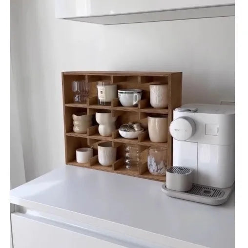 Square wooden cup storage rack with multi-layer grid design in birch finish
