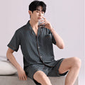 Men's ice silk pajama cardigan set with shorts in lightweight artificial silk fabric with satin jacquard plaid pattern
