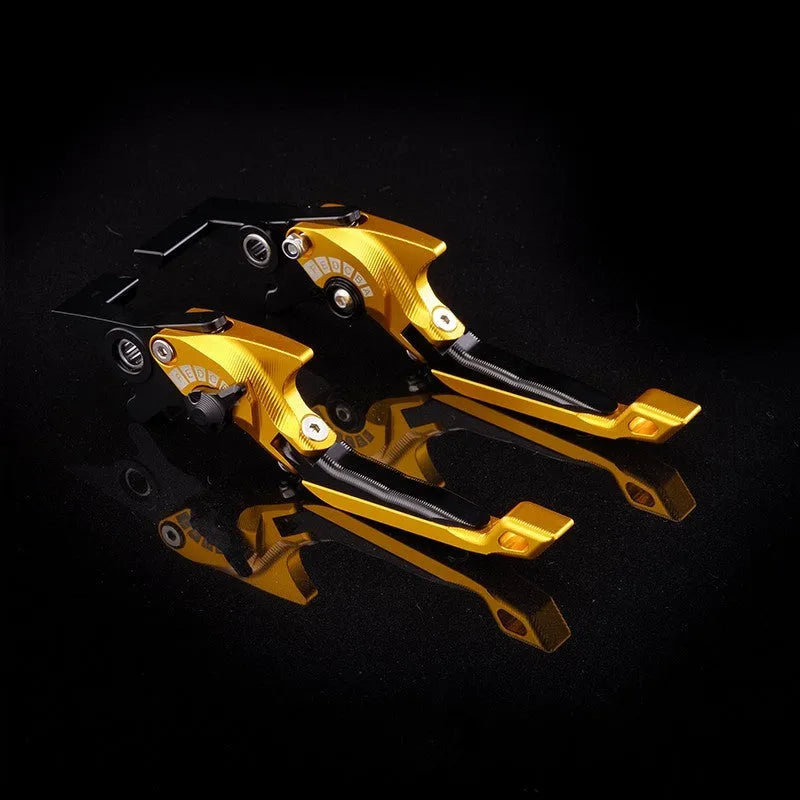 Pair of anodised metal motorcycle brake and clutch levers with adjustable length mechanism