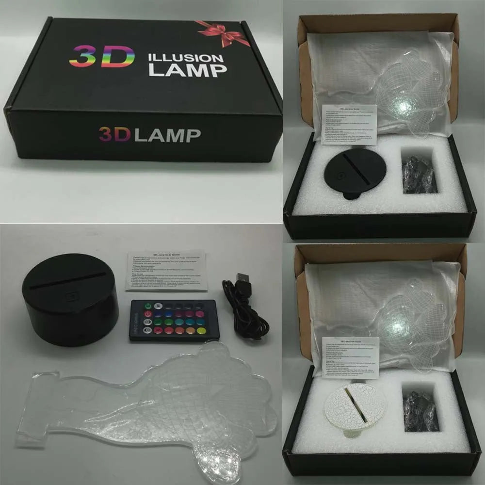 3D rose design acrylic night light with ABS base on a table, showing multi-coloured LED illumination.