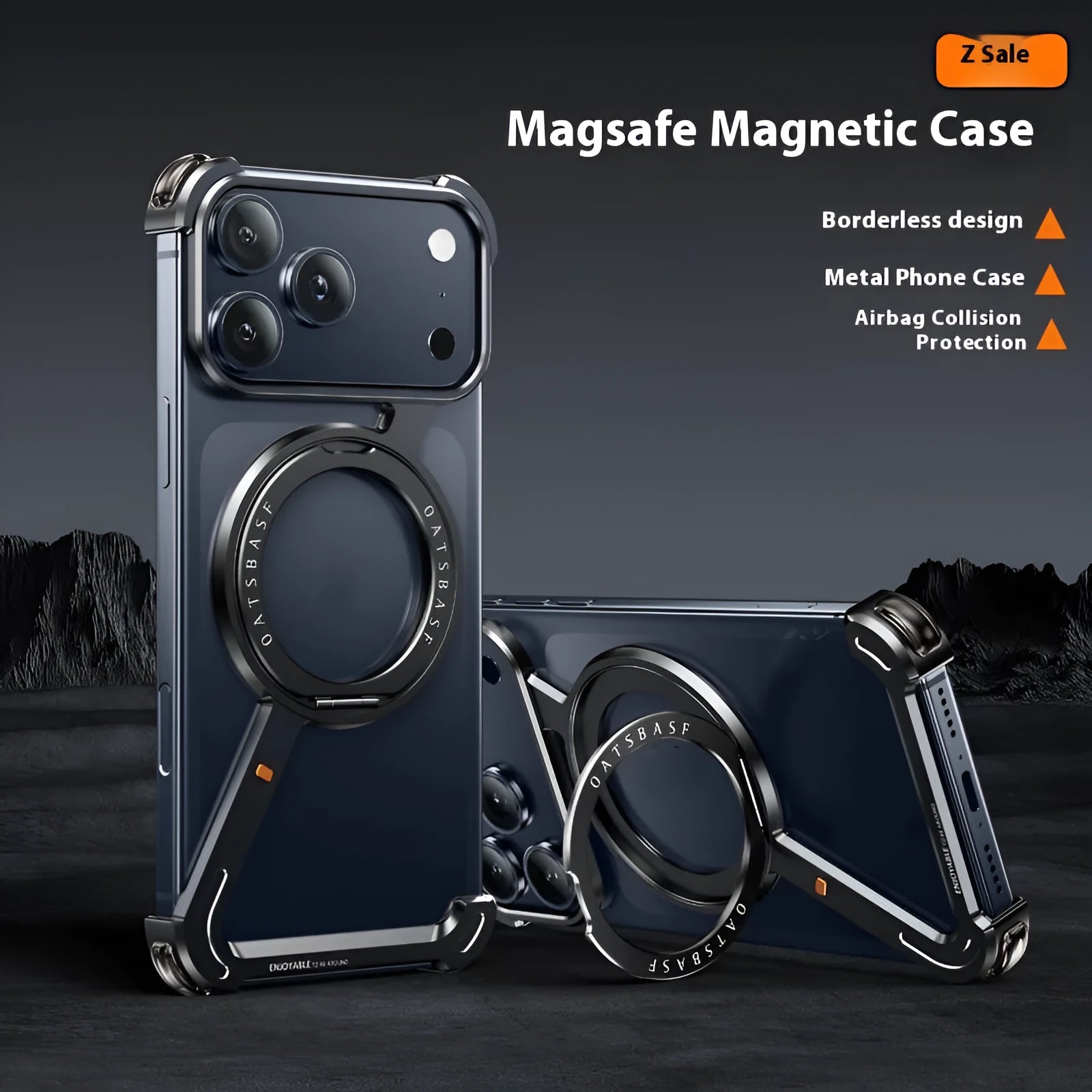 Black metal magnetic phone case for iPhone 17 Pro Max showing magnetic bracket area
