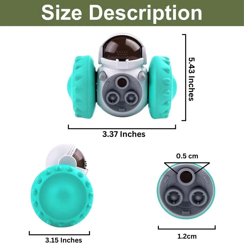 Self-balancing dog treat dispenser toy in robot design for interactive pet play