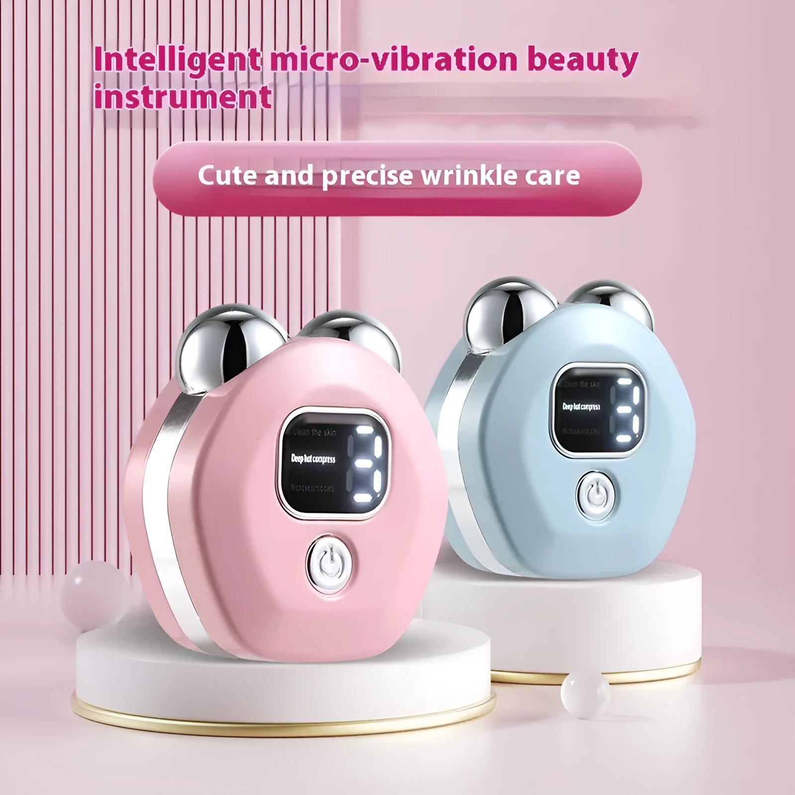 White portable hot compress massage instrument with double-roller head and charging cable