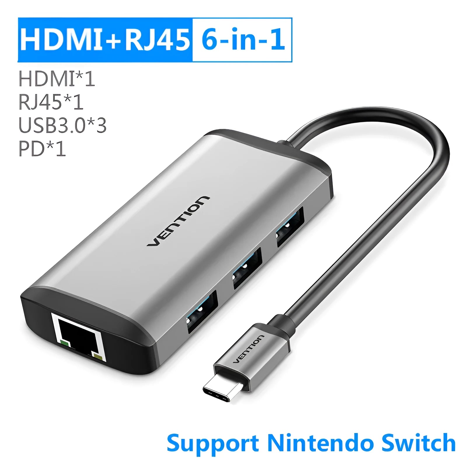 Deep grey Type-C multiport adapter with HDMI, USB 3.0, Ethernet, and memory card ports