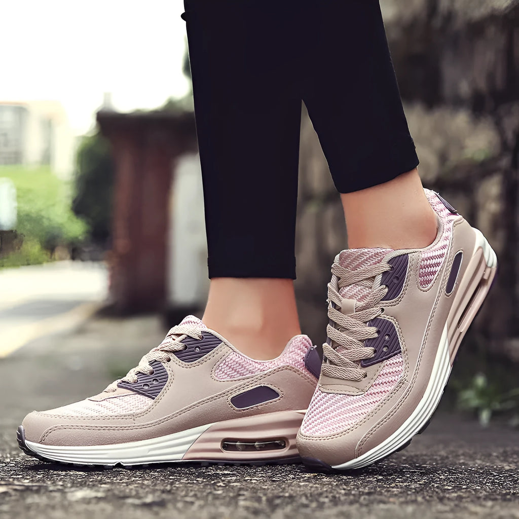Women's casual low heel shoes in beige orange, grey, and pink purple colour options.