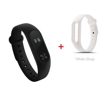 Black Xiaomi Mi Band 2 fitness tracker with OLED screen on a wrist.