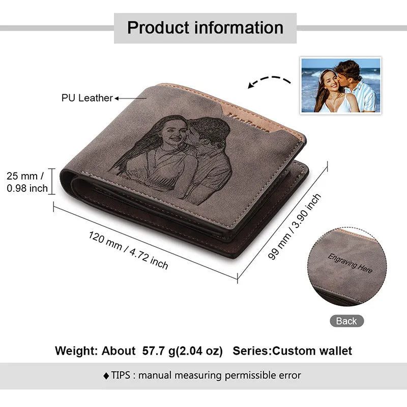 Coffee coloured engraved horizontal short wallet with photo personalisation