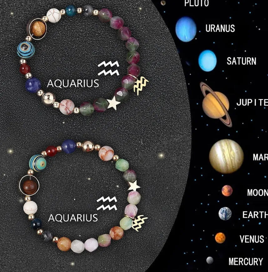 Natural stone beaded zodiac bracelets showing twelve astrological sign designs on elastic cord