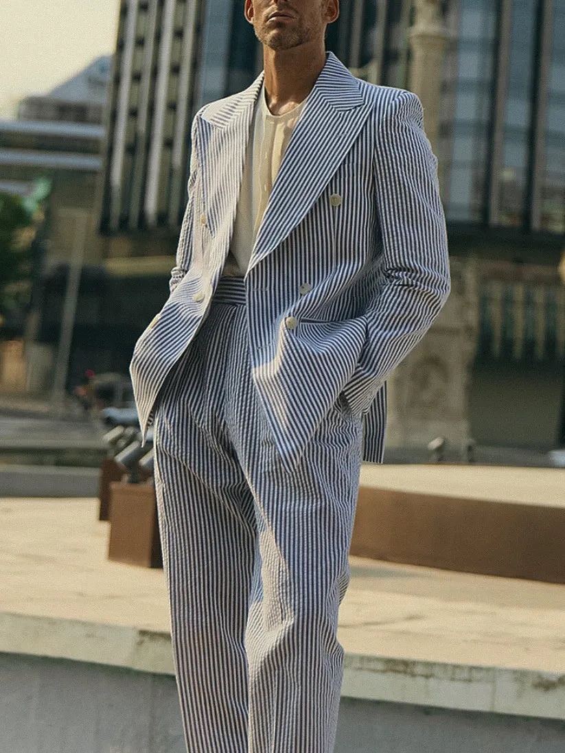 Blue and white striped polyester suit set with blazer and trousers in regular fit