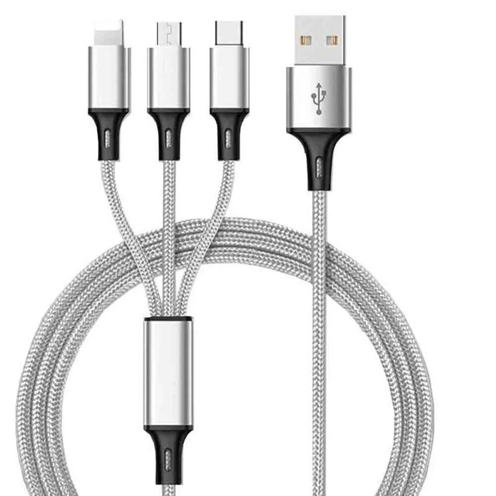 Braided 3-in-1 data cable with aluminium alloy connectors showing red, blue, silver and black colour options