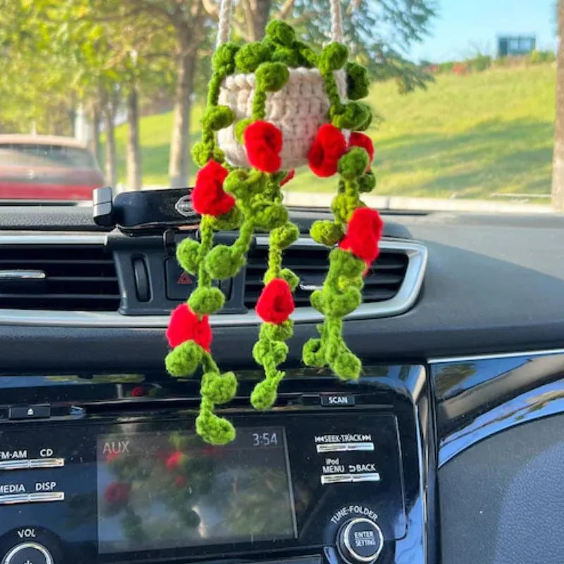 Green and white crochet car plant ornament with 25cm white hanging rope on 8cm basin base