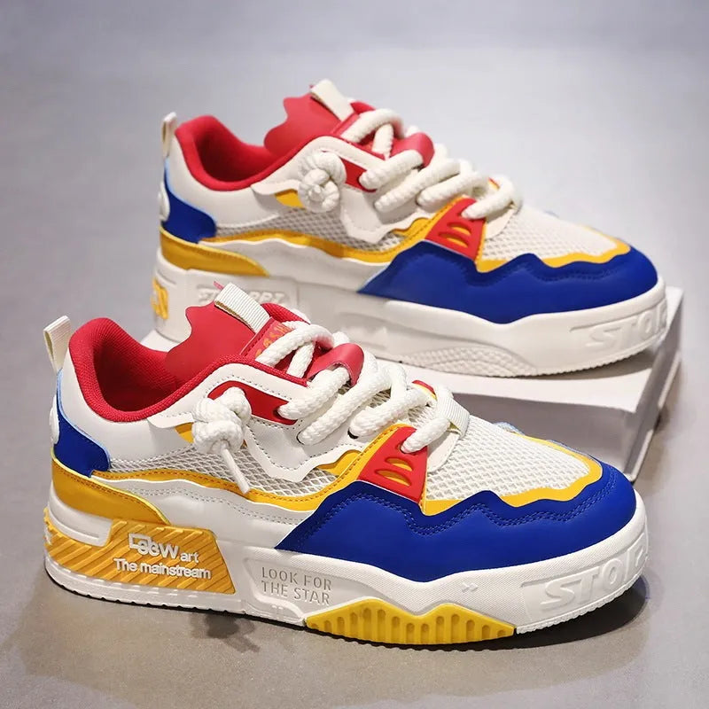 Men's low top board shoes in white and yellow, white and black, and beige colour combinations with rubber soles