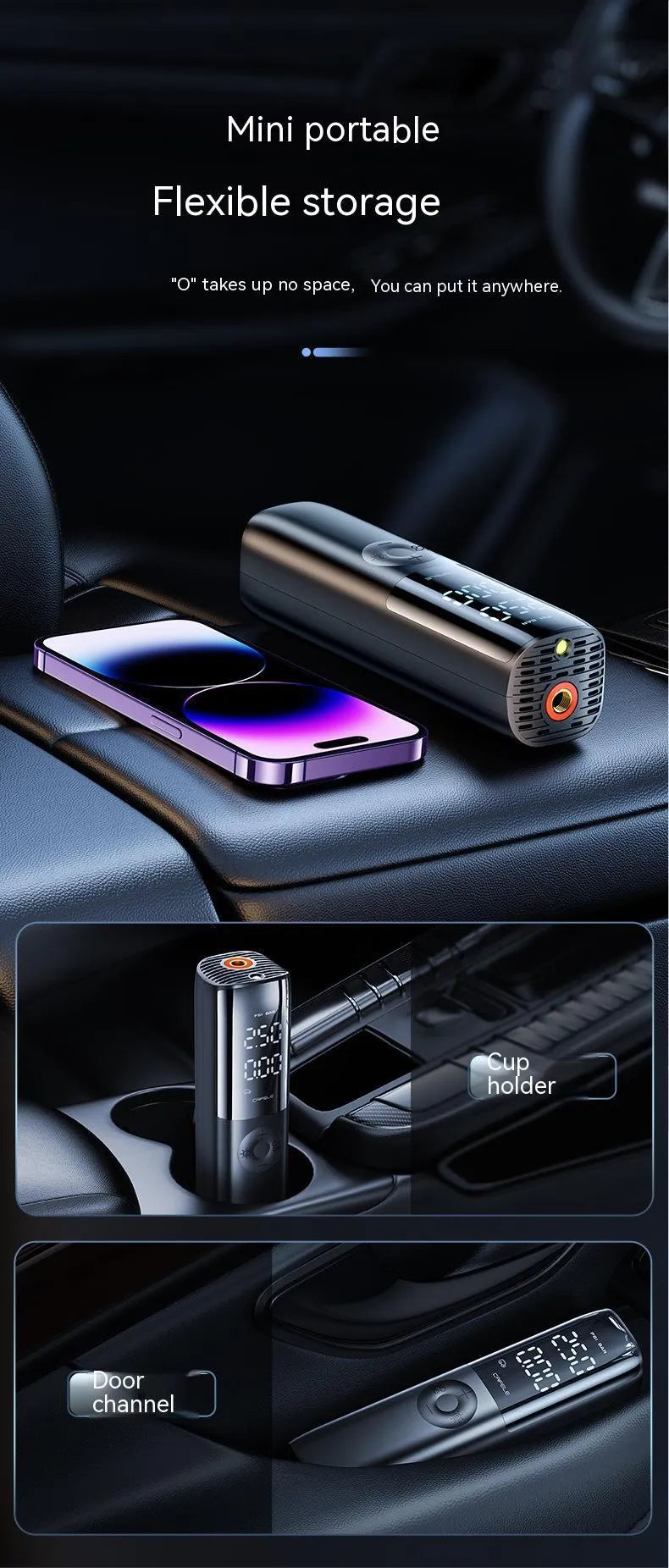 Black portable electric car air pump with tyre pressure gauge and ABS inflation tube