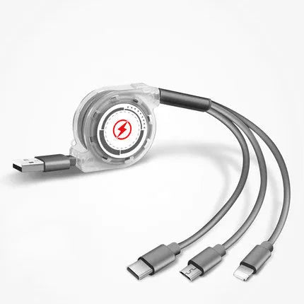 3 in 1 telescopic charging cable extended to 120 cm length with multiple connector options