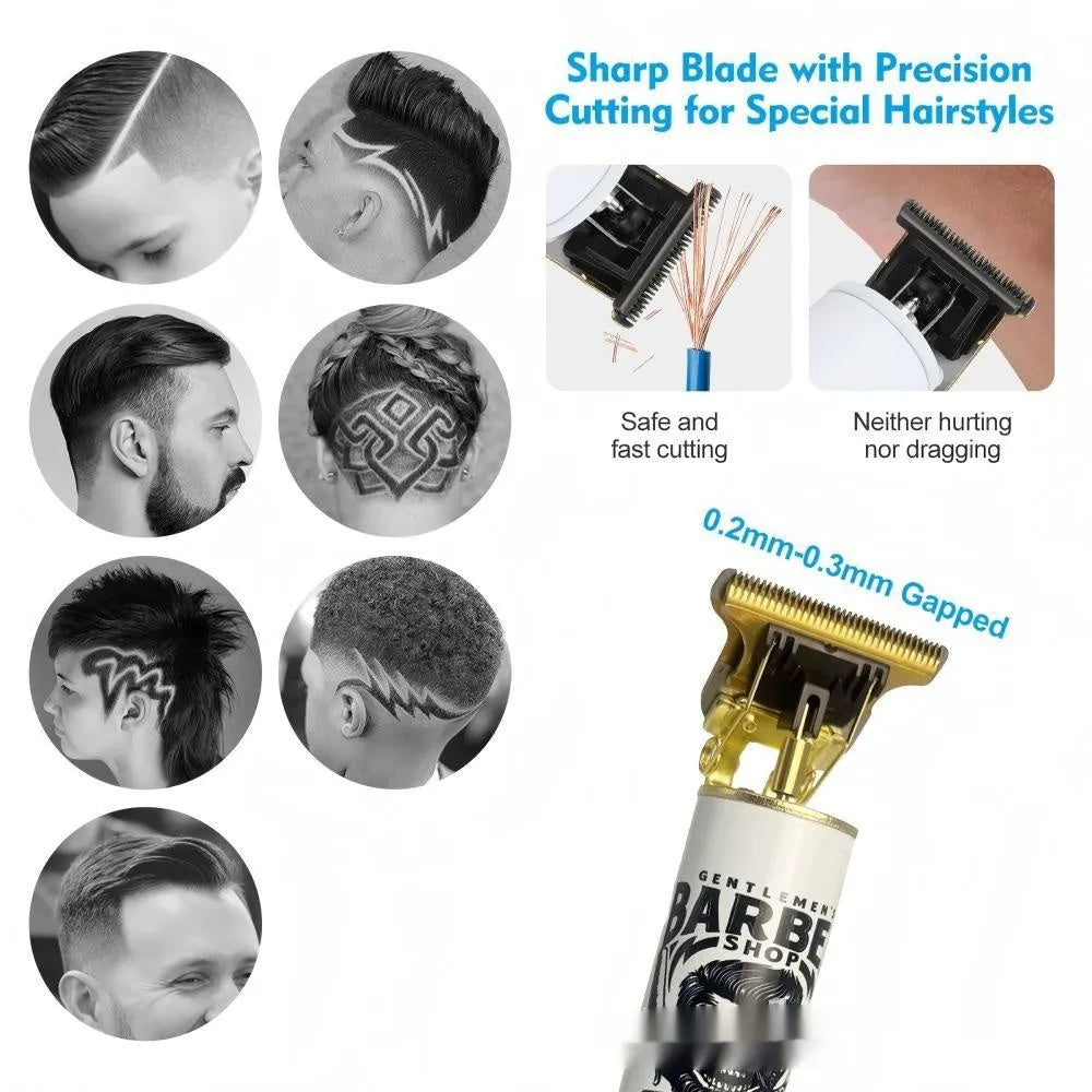 Rechargeable hair clipper with stainless steel cutter heads, USB charging cable, and 4 in 1 guard attachments kit.
