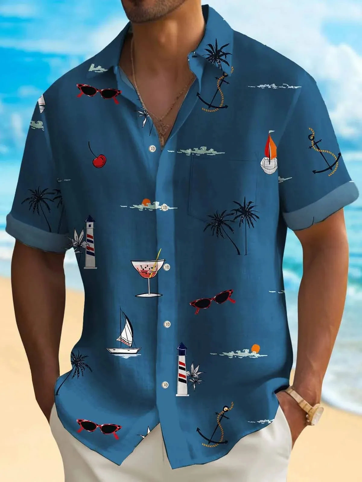 Men's loose fit Hawaiian shirt with digital print pattern and short sleeves
