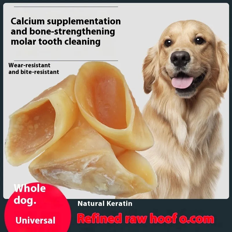 Natural cowhide dog chew toy in hoof shell colour, shown in small and large sizes for dental health.
