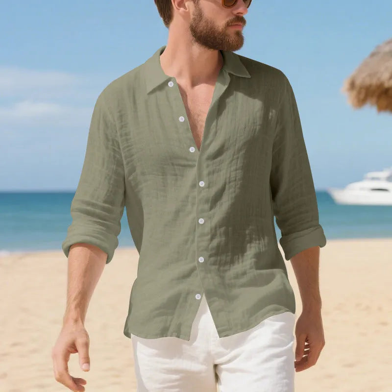 Men's linen Hawaiian casual shirt in loose American style fit with non-ironing processing