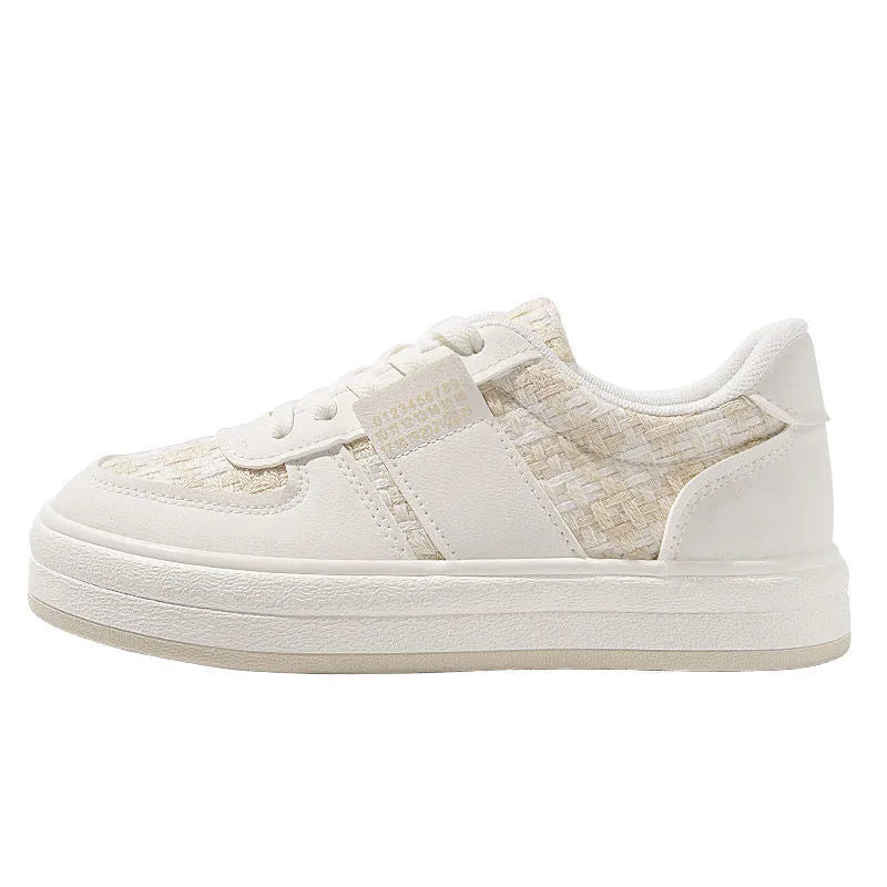 Beige plaid leisure sports board shoes with round toe and lace-up front on a rubber sole.
