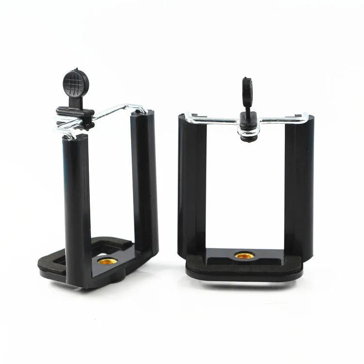 Black plastic U-clip mobile phone holder with adjustable hose bracket for universal smartphone mounting