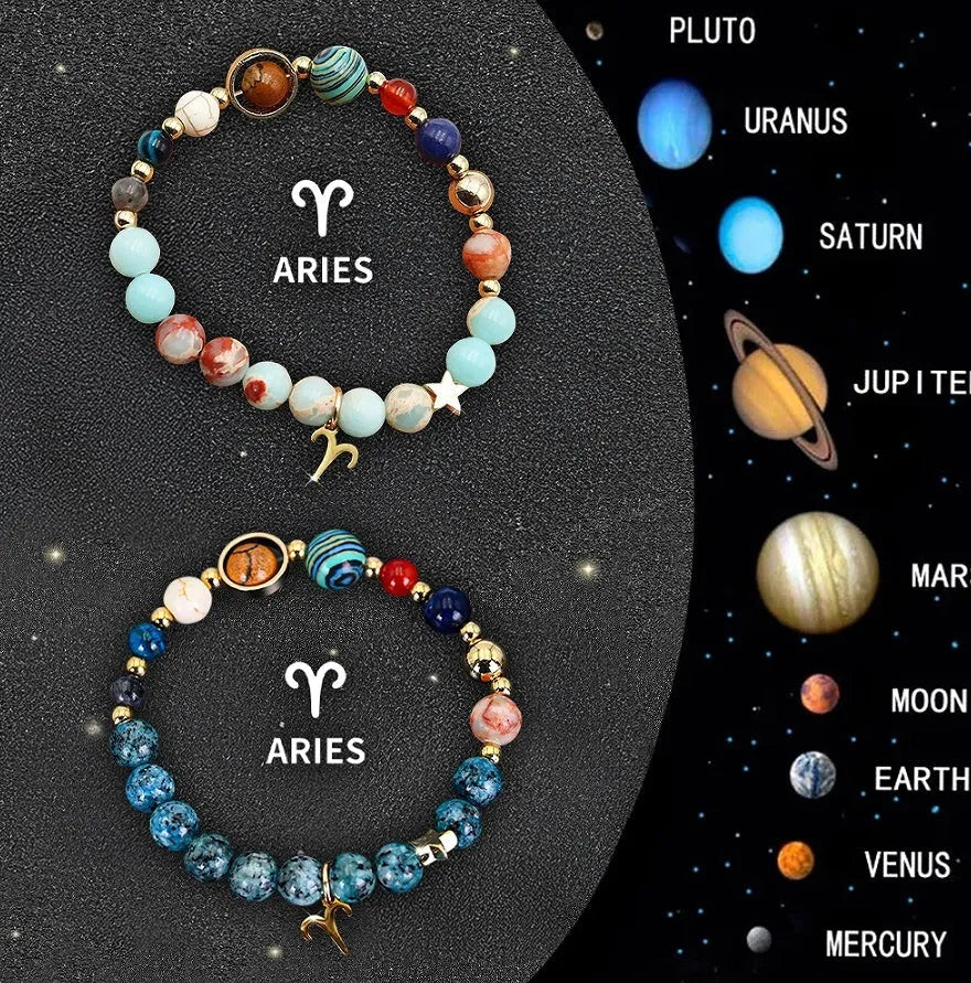 Set of two natural stone beaded bracelets for zodiac signs on a dark background.