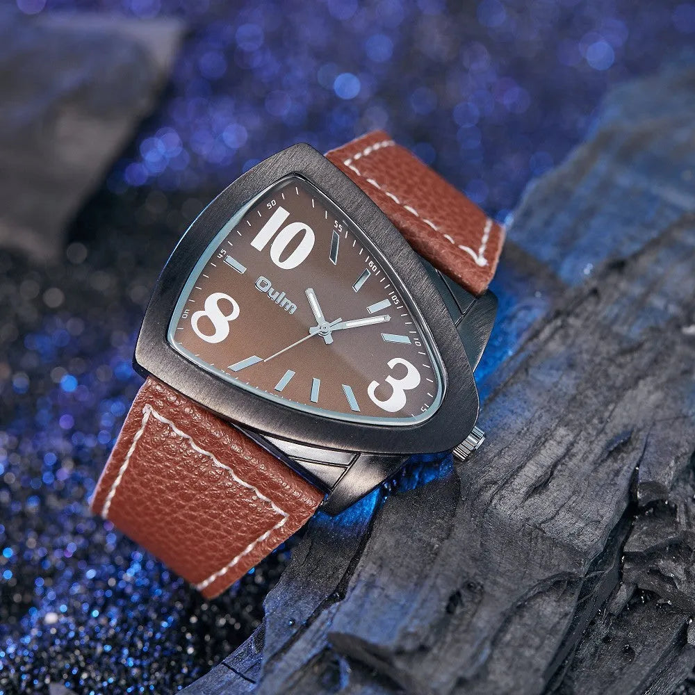 Men's casual triangle belt quartz watch in brown, black, or blue colour with 9mm thick case.