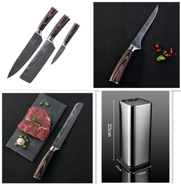 30cm chef knife with Damascus pattern blade and colour steel handle