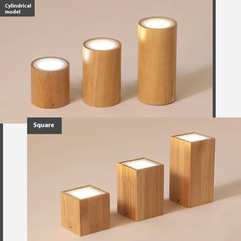 Solid wood surface mounted downlight in wood colour with square or round design options