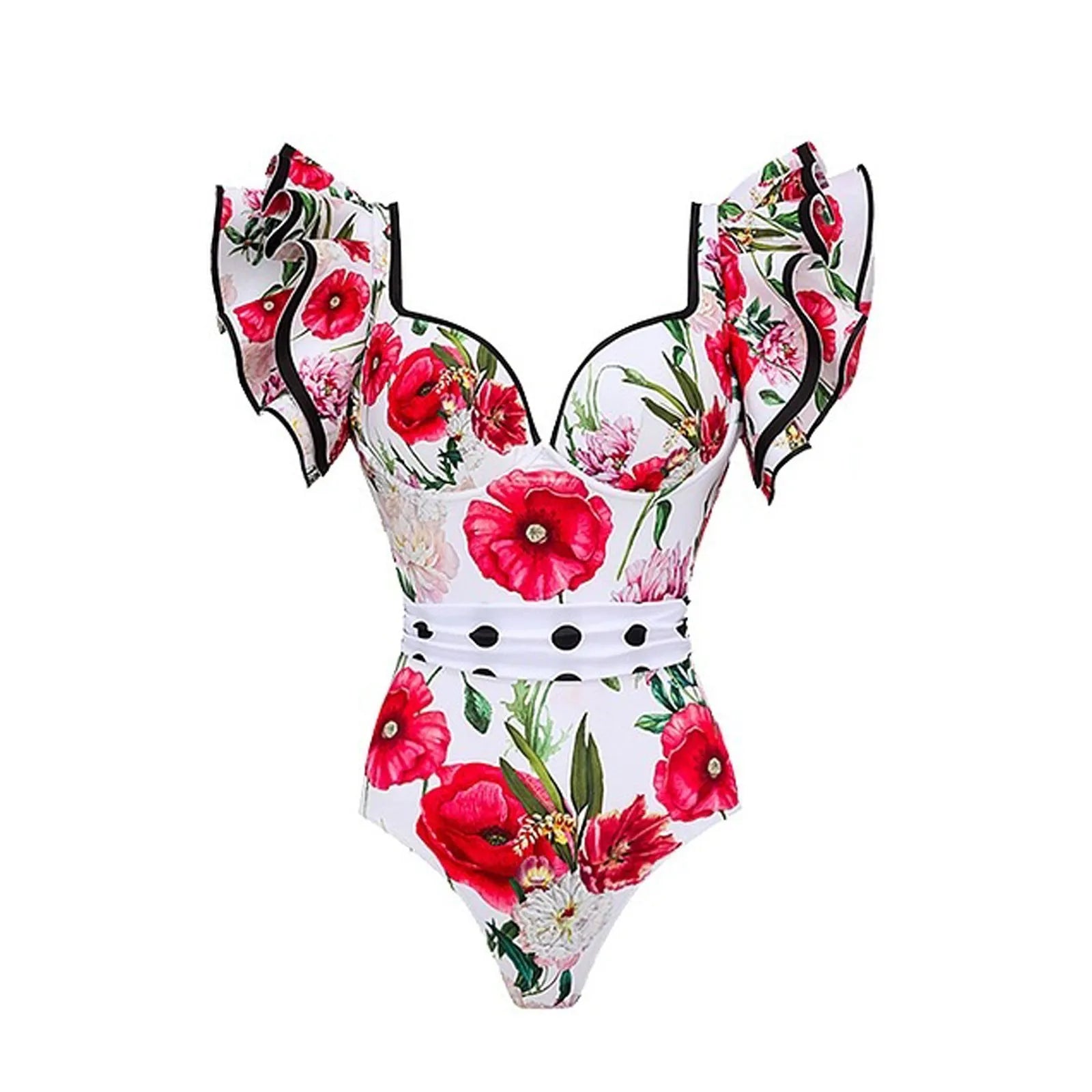 Women's one-piece polyester swimsuit in printed rose pink or blue with optional skirt design