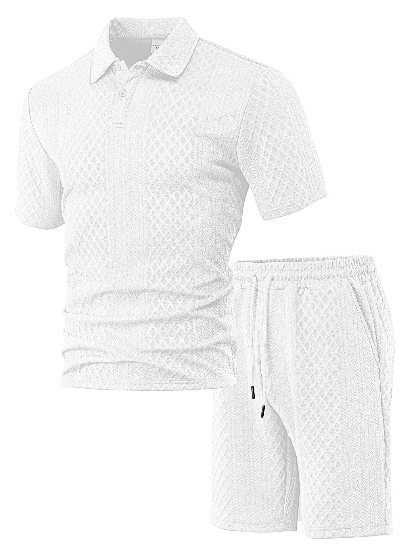 Men's casual short sleeve polo suit with matching trousers in polyester figure cloth, showing colour options.