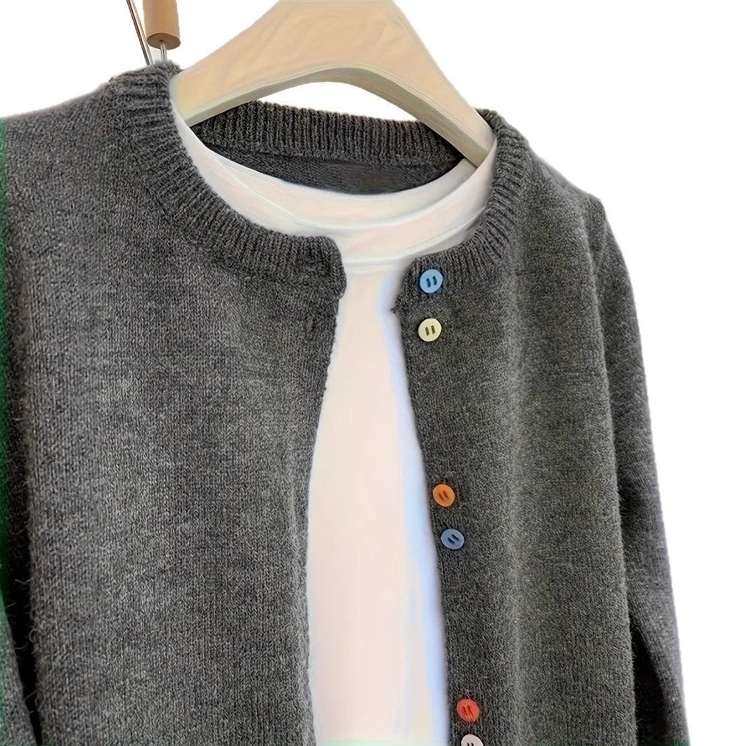 Dark grey women's cardigan sweater with button front and regular sleeve length