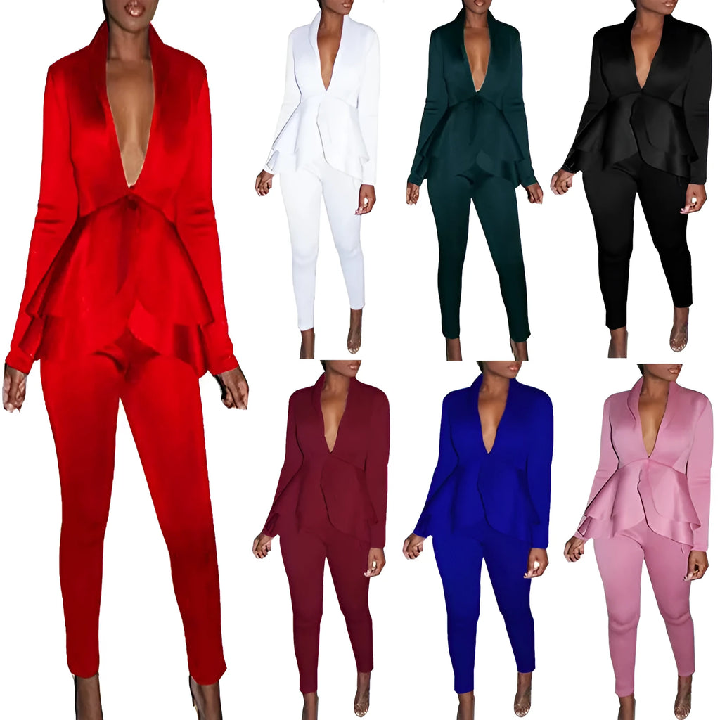 Women's ruffled blouse and pencil trousers business casual pantsuit in eight colour options