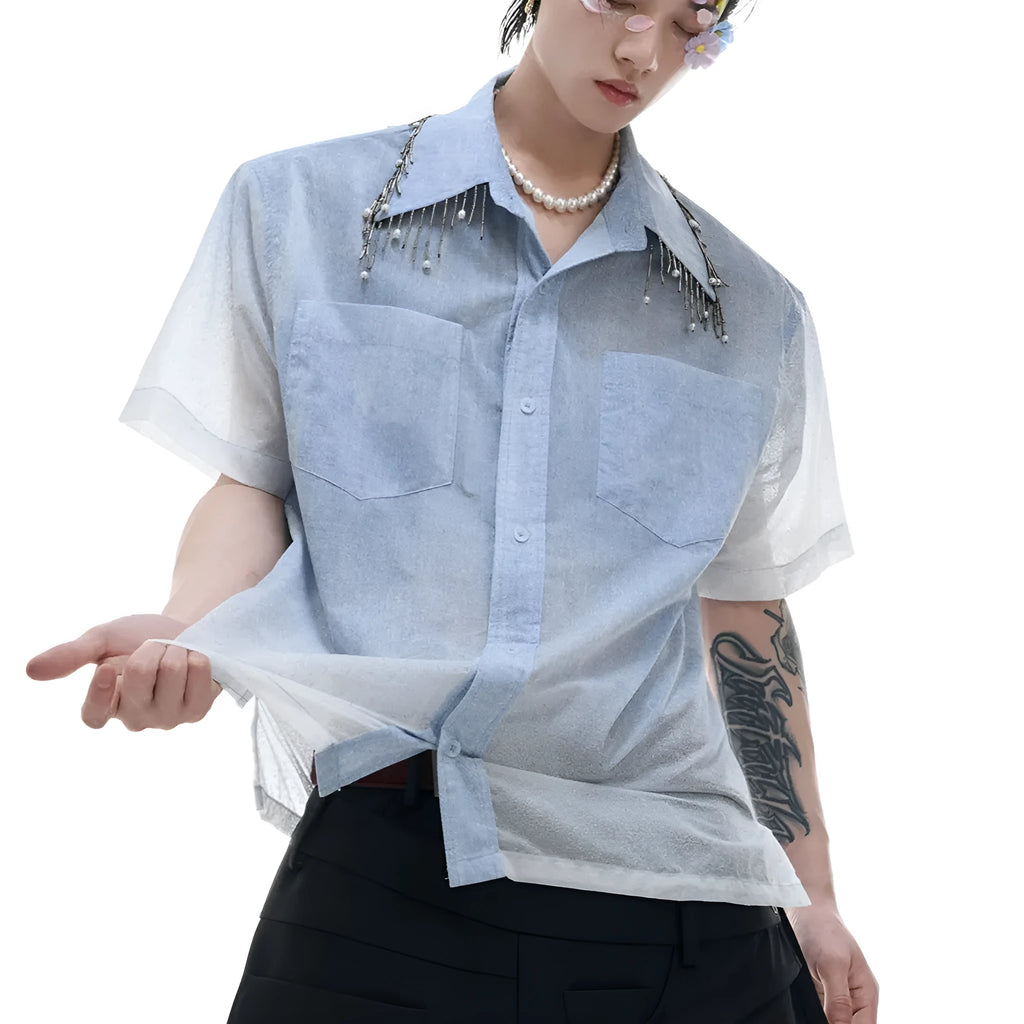 Men's blue and white gradient short sleeve shirt with quilted details and loose fit