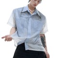 Men's blue and white gradient short sleeve shirt with quilted details and loose fit