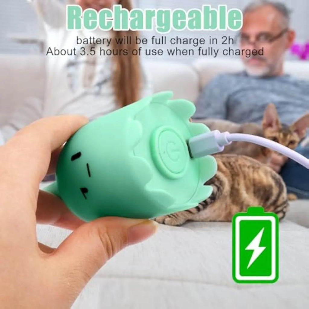Electronic cat wand toy with swinging silicone tails on green background