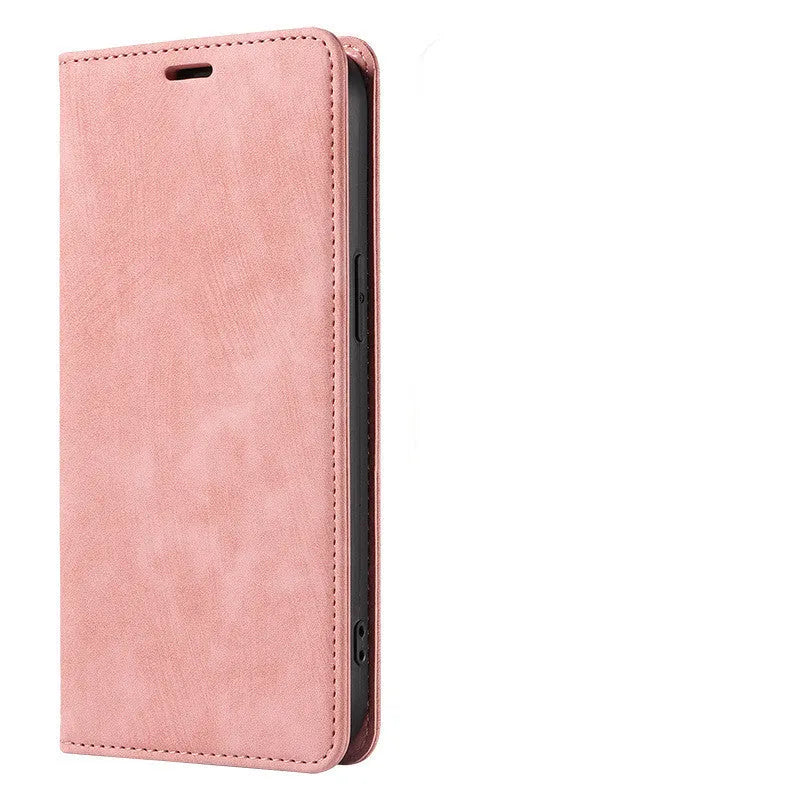 Magnetic flip leather phone case for iPhone shown in grey colour, displaying front cover closed.
