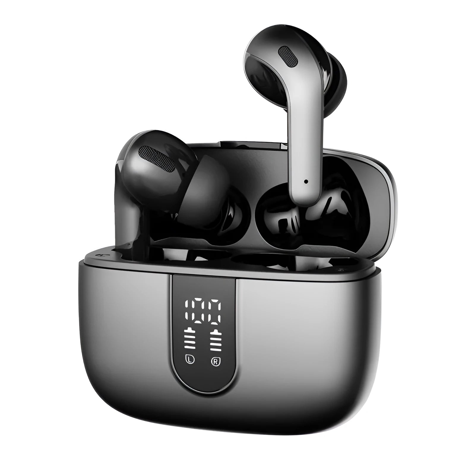 Jerry X08 wireless Bluetooth headphones with digital display and USB charging case in black colour