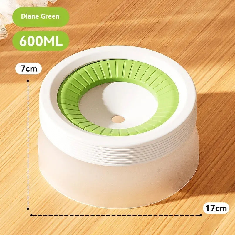 Suspended pet water bowl with non-wet mouth design in blue, green, and brown colours
