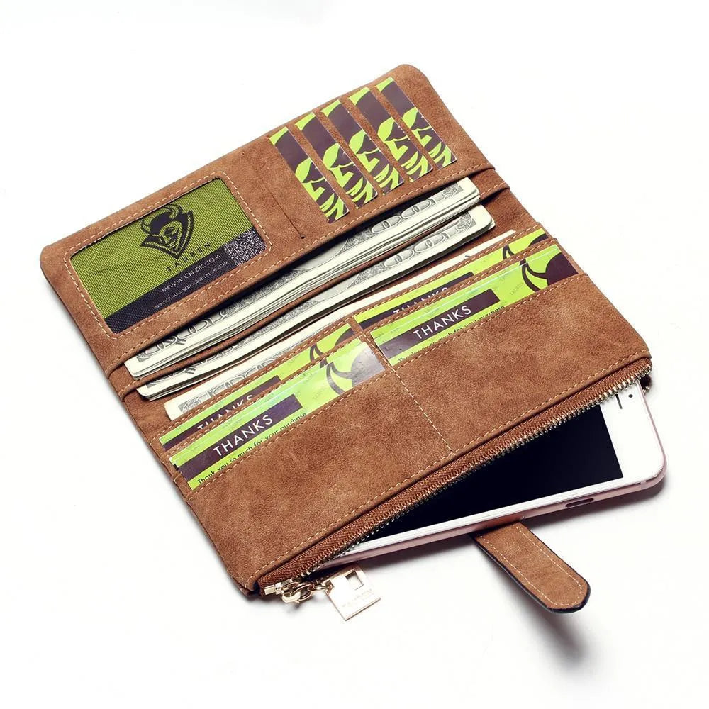 Vertical long wallet in retro matte PU leather with zip closure, shown open to reveal card slots and phone pocket.