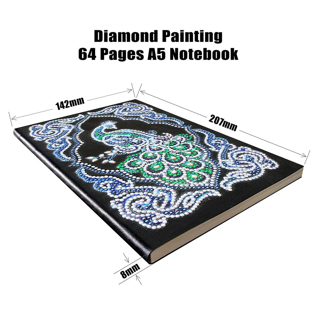 Black A5 diamond painting notebook with a peacock design cover, shown closed.