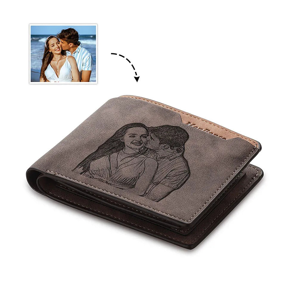 Coffee coloured engraved horizontal short wallet with photo personalisation