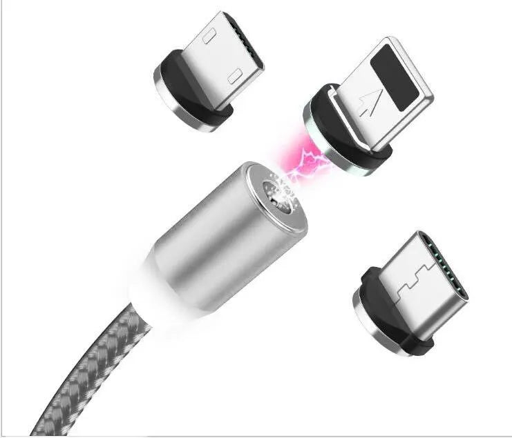 Black magnetic charging cable with LED light and aluminium connectors showing magnetic tip attachment