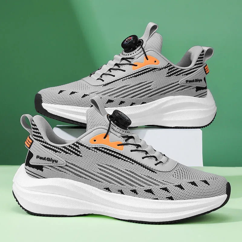 Men's casual sports running shoes with rotating buckle and Fly-kit mesh upper in white green colour
