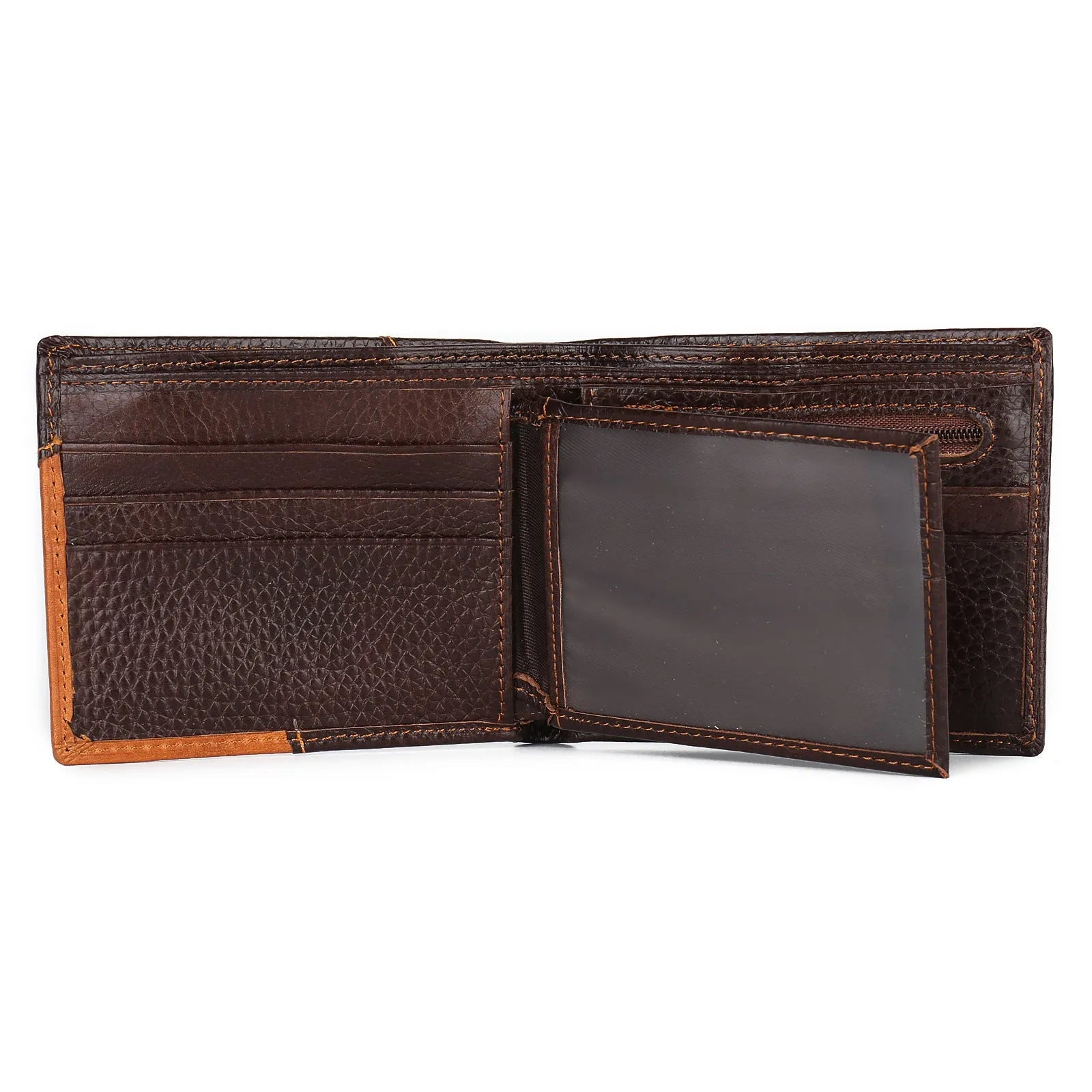 Leather wallet with personality stitching showing internal compartments including card slots, bill holder, and change section