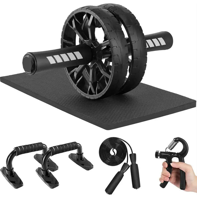 Red push-up bracket with abdominal wheel for indoor fitness training and core exercises.