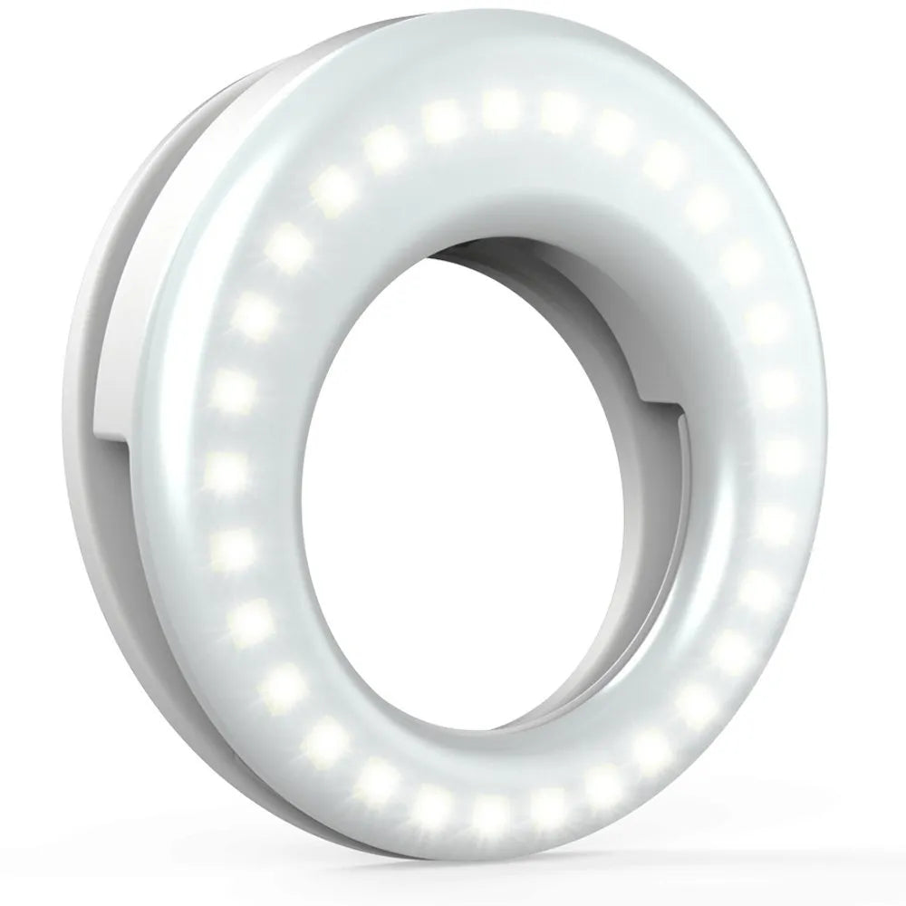 Compact black selfie ring light with USB cable for mobile phone photography and video lighting