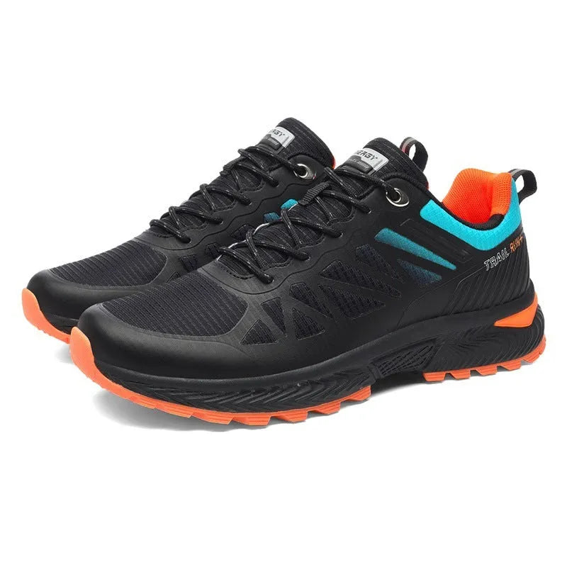 Men's black breathable mesh outdoor running shoe with round toe and flat heel on a white background.
