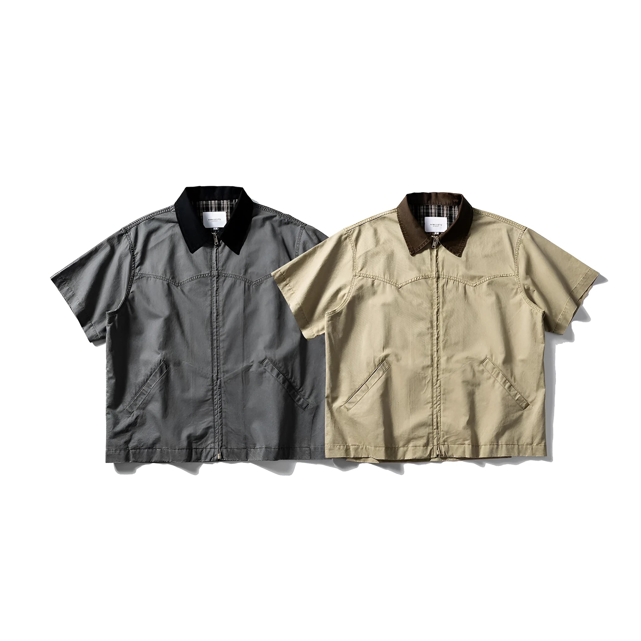 Washed overalls short sleeve shirt in cotton fabric, khaki or grey colour, loose fit casual wear