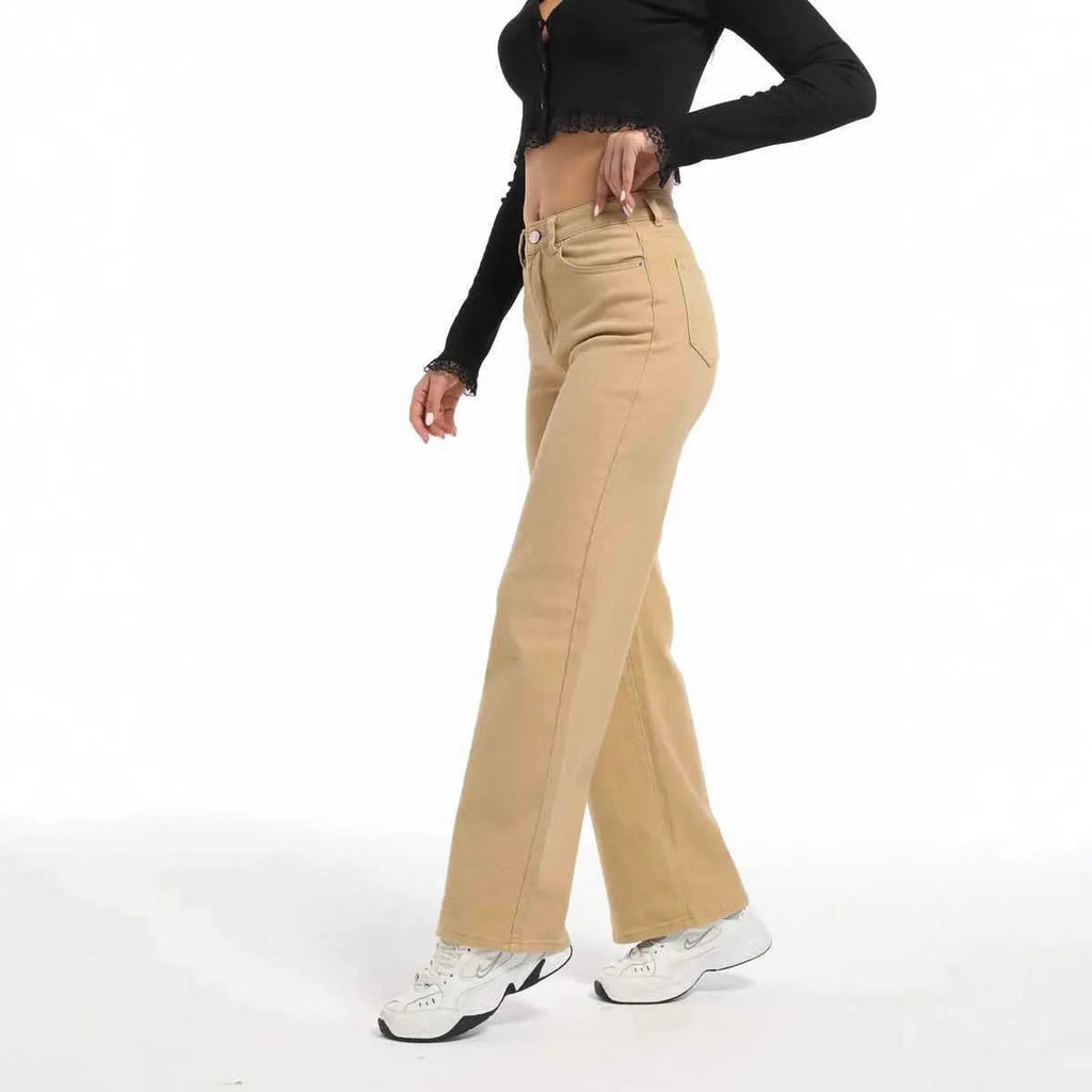 Women's high-waisted apricot wide-leg straight jeans made from elasticated cotton.