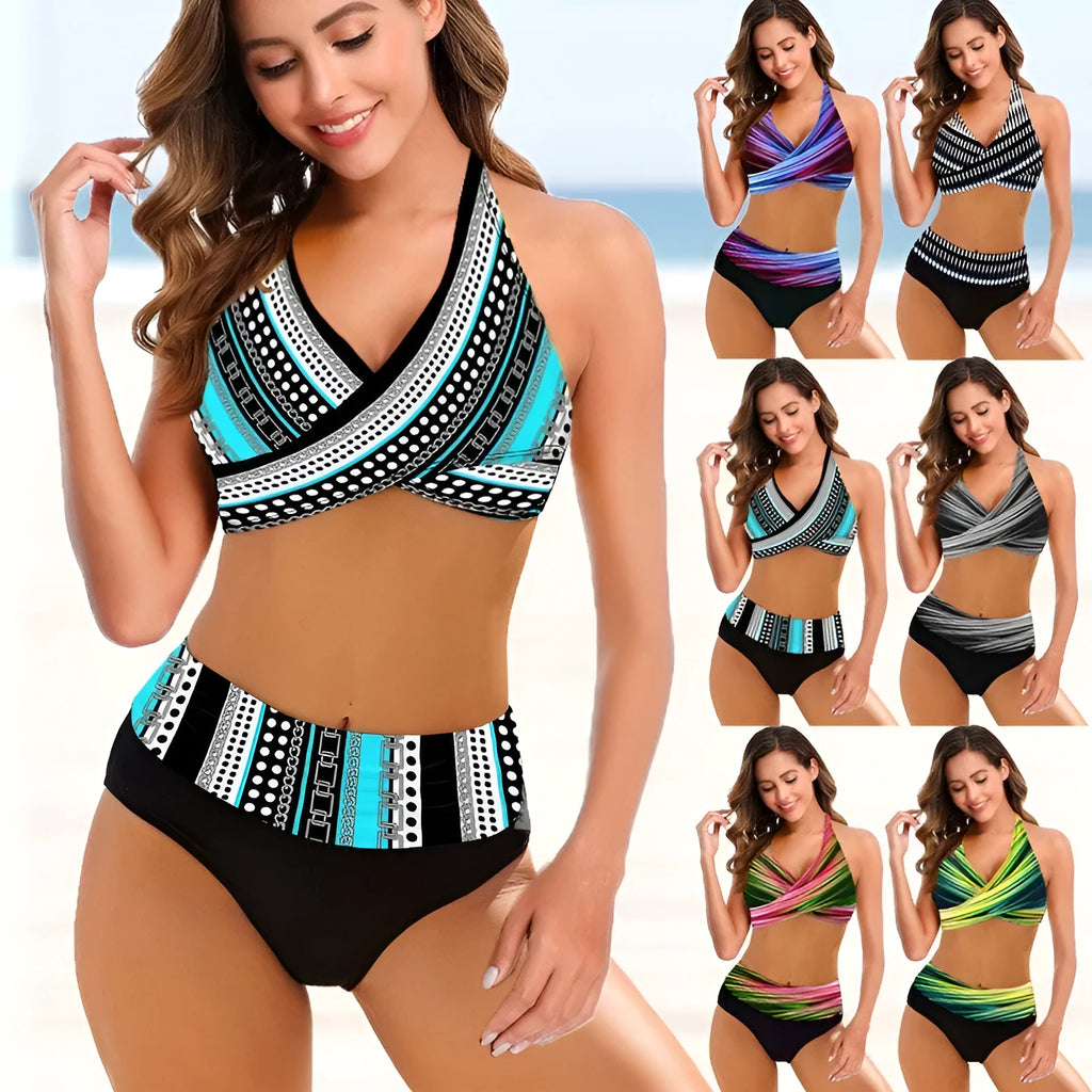 Ladies striped tie-dye hollow bikini set with high-waist briefs on model